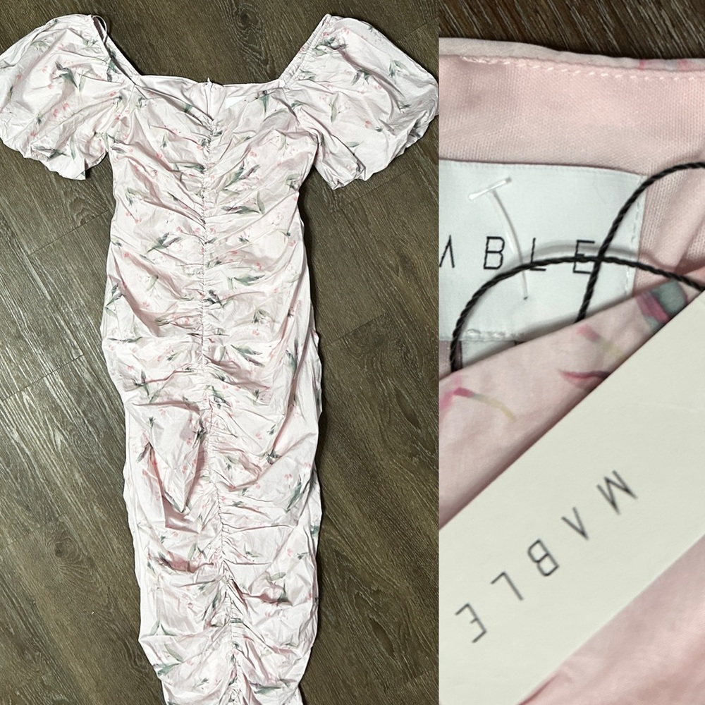 Mable Blush Pink flirty feminine floral rusched dress size Large L new - Picture 12 of 14